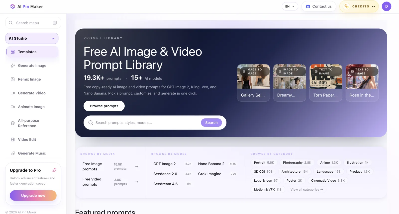 AI Pin Maker prompt library showing image and video prompt templates, model categories, and creative workflow navigation
